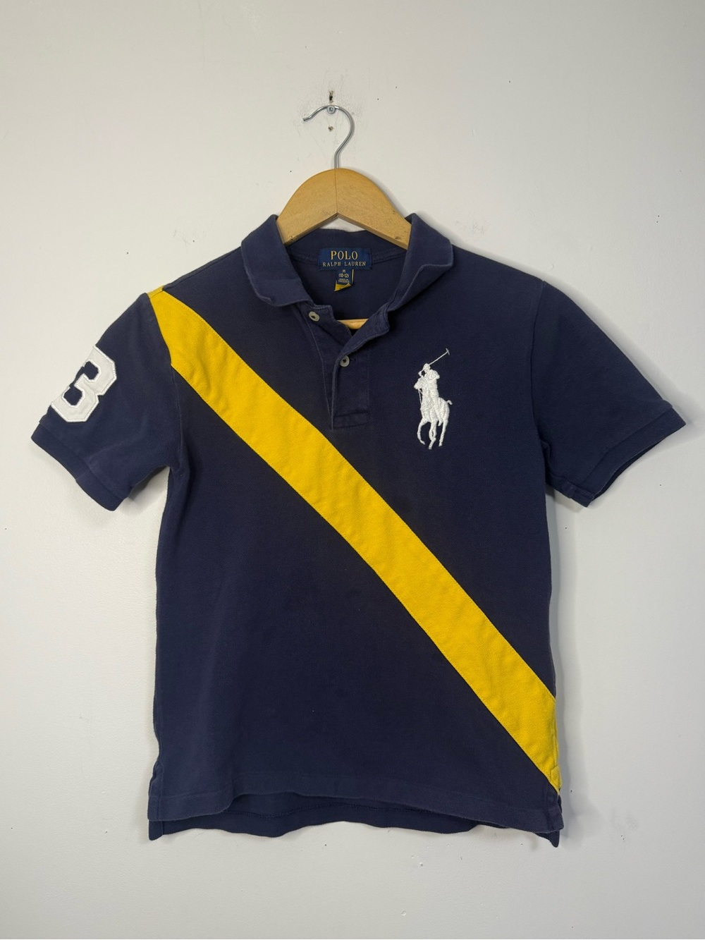 Polo Ralph Lauren Navy Polo Big Pony with Yellow Diagonal Stripe Boys M 10-12